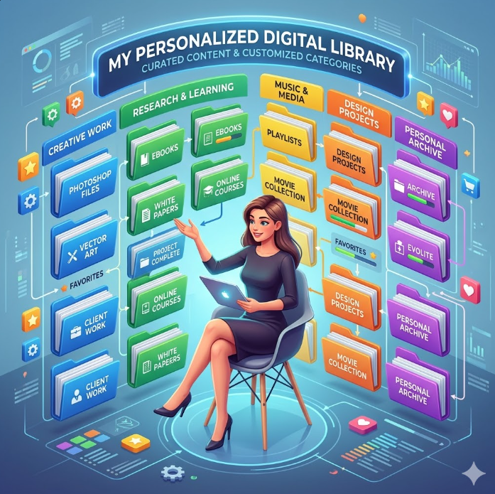 화려한 색상의 디지털 폴더들이 입체적으로 나열된 인포그래픽 이미지