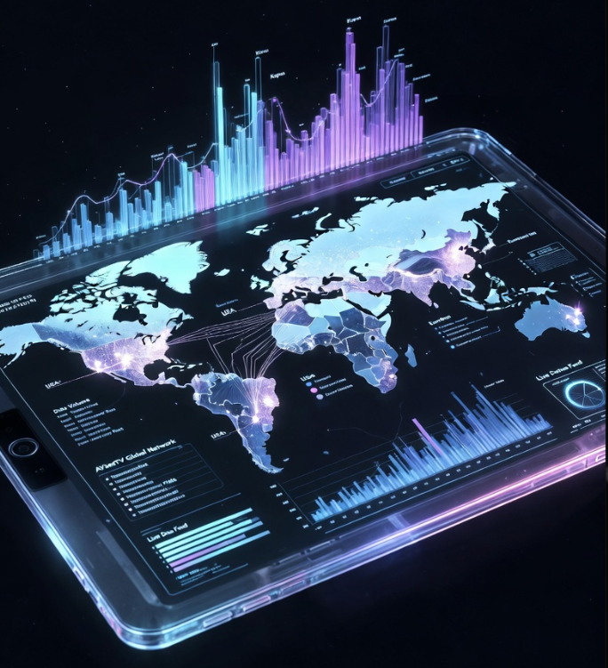 투명한 유리 판넬 형태의 태블릿 화면 위에 전 세계 지도가 홀로그램으로 떠 있고, 각 국가별로 전송되는 데이터 양이 실시간 그래프로 요동치며 AVseeTV의 글로벌 서버 네트워크를 시각화한 테크니컬한 3D 그래픽
