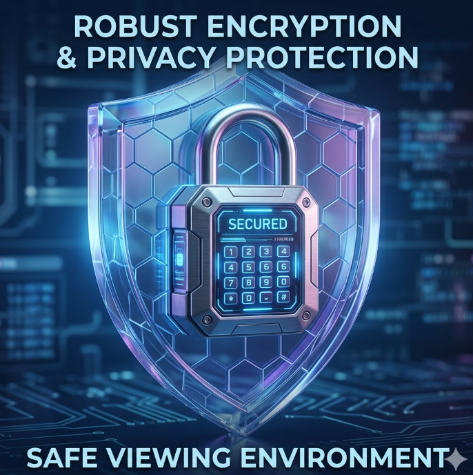 디지털 잠금장치와 투명한 유리 방패가 결합된 3D 보안 그래픽 이미지