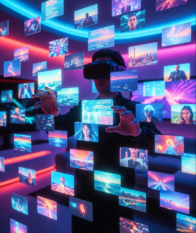 미래형 거실에서 사용자가 최신형 가상 현실(VR) 글래스를 착용한 채, 허공에 펼쳐진 수백 개의 4K 영상 타일들을 손동작 제스처로 자유롭게 넘기며 자신만의 인생작을 큐레이션하는 환상적인 모습의 사진