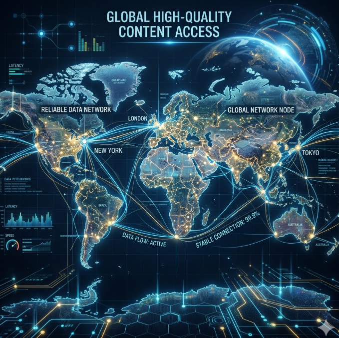 전 세계 서버 노드들이 빛의 선으로 연결된 디지털 지형도 이미지