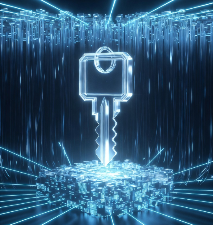 투명한 크리스탈 재질의 보안 열쇠 아이콘이 디지털 데이터 뭉치들 위로 떠 있고 그 주위를 푸른색 레이저 장막이 촘촘하게 감싸며 외부 침입을 완벽히 차단하는 사이버 보안 테마의 고퀄리티 3D 렌더링 이미지