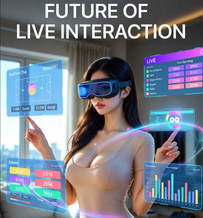 밝고 현대적인 분위기의 거실에서 한 사용자가 최신형 가상 현실(VR) 글래스를 착용한 채, 허공에 펼쳐진 수만 개의 실시간 채팅 위젯과 경기 분석 그래프들을 손가락 제스처로 컨트롤하며 소통하는 미래지향적 사진