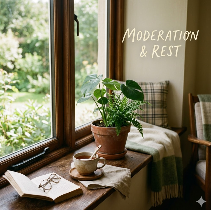 따뜻한 햇살이 비치는 창가에 놓인 녹색 식물과 차 한 잔의 여유로운 풍경 이미지