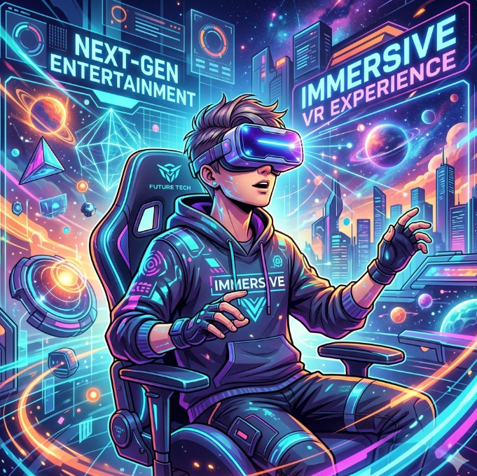  VR 헤드셋을 착용하고 미래형 콘텐츠를 즐기는 유저의 일러스트