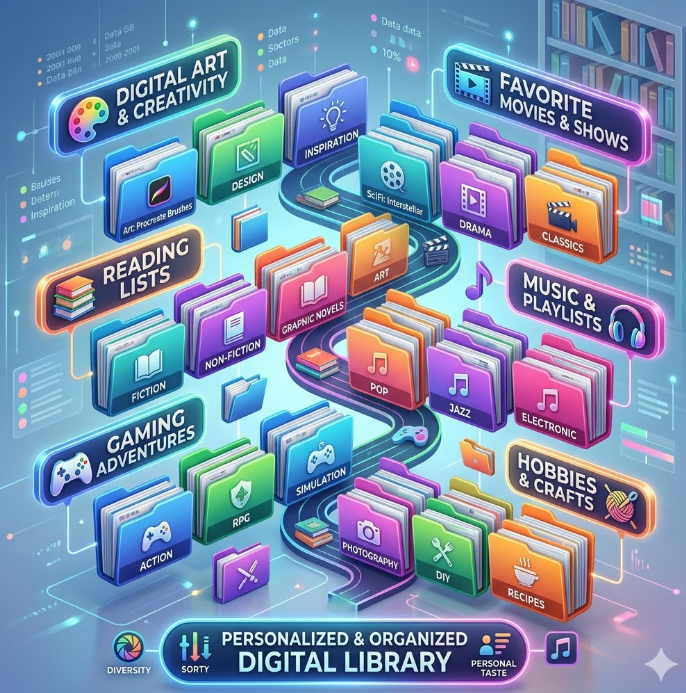 화려한 색상의 디지털 폴더들이 입체적으로 나열된 인포그래픽 이미지