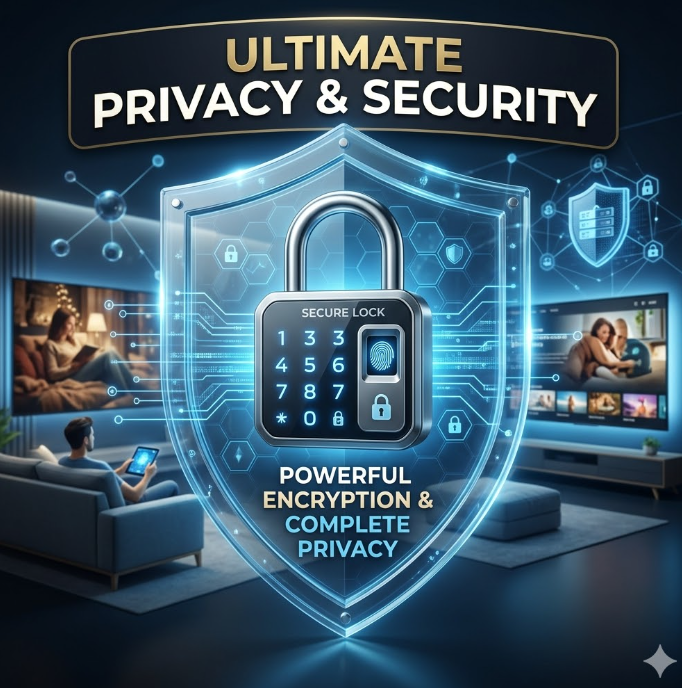 디지털 잠금장치와 투명한 유리 방패가 결합된 3D 보안 그래픽 이미지