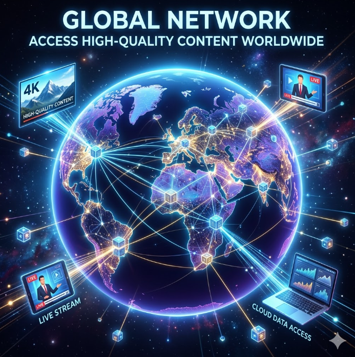 전 세계 서버 노드들이 빛의 선으로 연결된 디지털 지형도 이미지