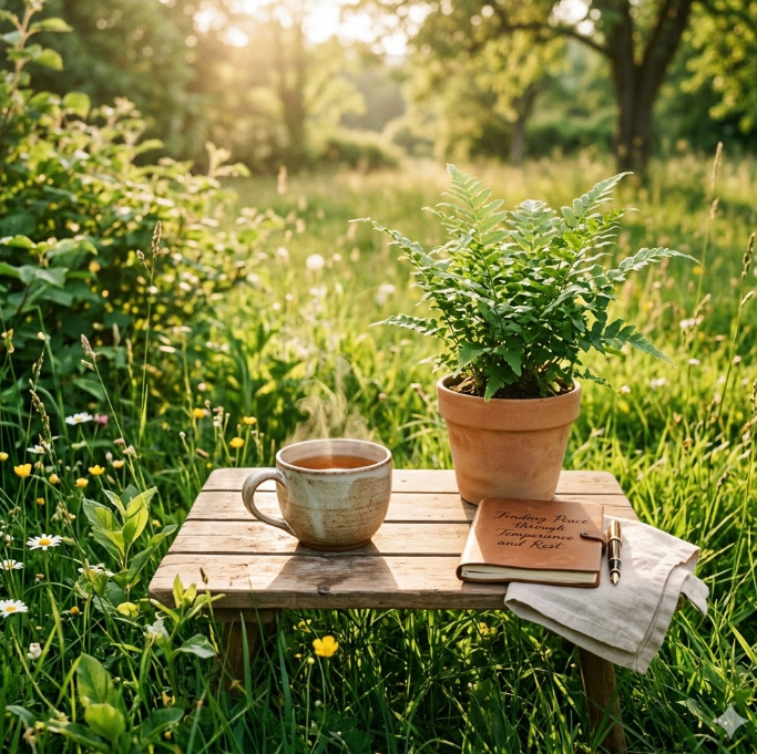 따뜻한 햇살이 비치는 창가에 놓인 녹색 식물과 차 한 잔의 여유로운 풍경 이미지