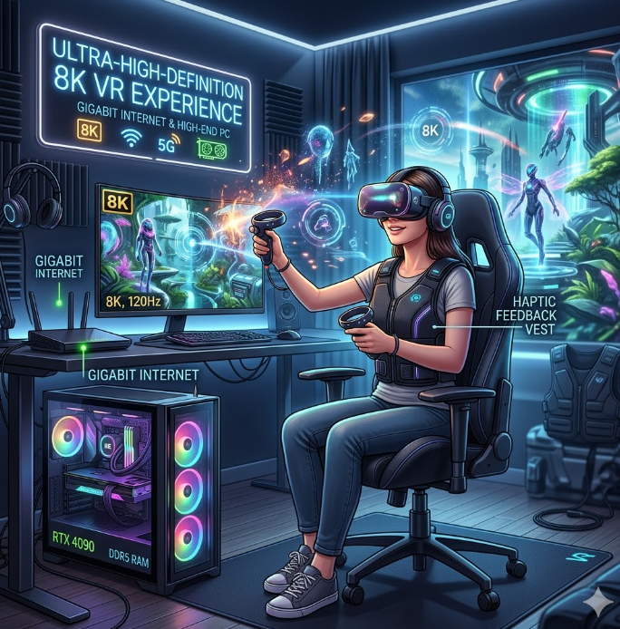 VR 헤드셋을 착용하고 미래형 콘텐츠를 즐기는 유저의 일러스트