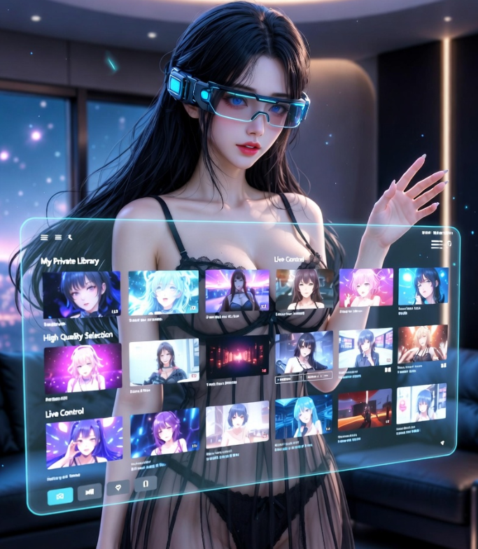 미래형 거실 인테리어에서 한 유저가 스마트 글래스를 착용한 채 허공에 떠 있는 거대한 투명 스크린 속 고화질 영상들을 우아한 손짓으로 컨트롤하며, 자신만의 라이브러리를 통제하는 환상적인 모습의 사진