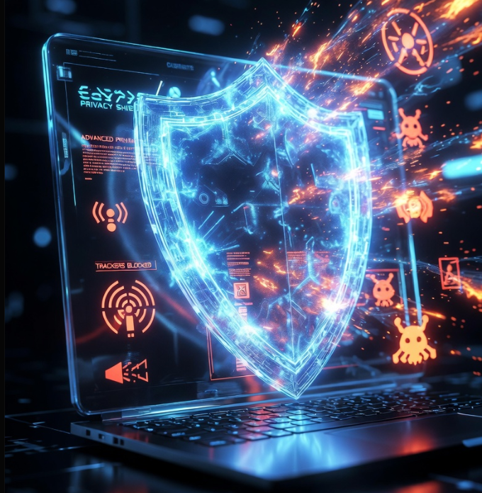 투명한 유리 판넬 형태의 노트북 화면 위에 강력한 푸른색 디지털 방패가 활성화되어 있고, 그 주위로 불필요한 트래커들이 반사되어 튕겨 나가는 모습을 형상화한 사이버 보안 테마의 3D 그래픽