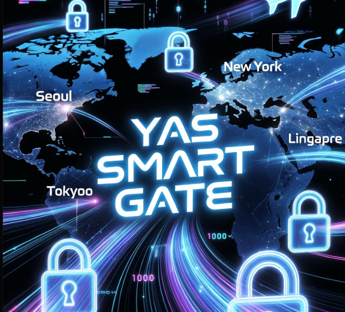 전 세계 주요 도시를 연결하는 광섬유 네트워크망 위로 보안 자물쇠와 초고속 비행기 아이콘이 교차하며 흐르고 있고, 중심부에는 'YAS SMART GATE'라는 문구가 푸른색 네온으로 빛나는 테크니컬 일러스트