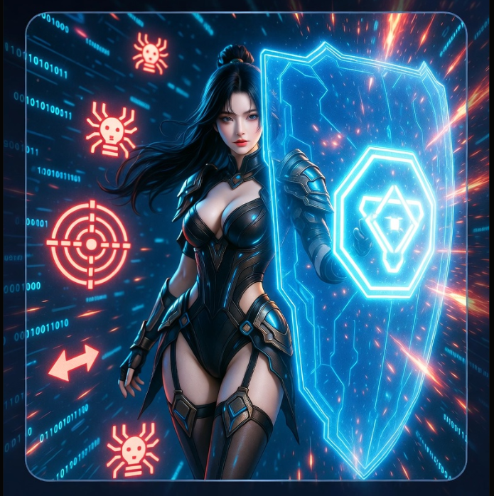 투명한 유리 판넬 형태의 노트북 화면 위에 강력한 푸른색 디지털 방패가 활성화되어 있고, 그 주위로 불필요한 트래커들이 반사되어 튕겨 나가는 모습을 형상화한 사이버 보안 테마의 3D 그래픽