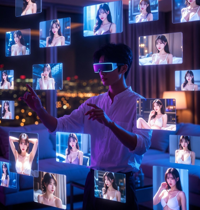 미래형 펜트하우스 거실에서 한 사용자가 스마트 글래스를 착용한 채 허공에 떠 있는 수많은 고화질 영상 타일들을 지휘자처럼 손동작으로 컨트롤하며 자신만의 '인생 배우' 작품을 큐레이션하는 모습