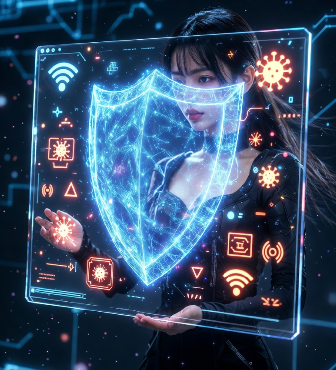 투명한 유리 판넬 형태의 노트북 화면 위에 강력한 푸른색 디지털 방패가 활성화되어 있고, 그 주변으로 불필요한 트래커들이 반사되어 튕겨 나가는 모습을 형상화한 사이버 보안 테마의 세련된 3D 그래픽